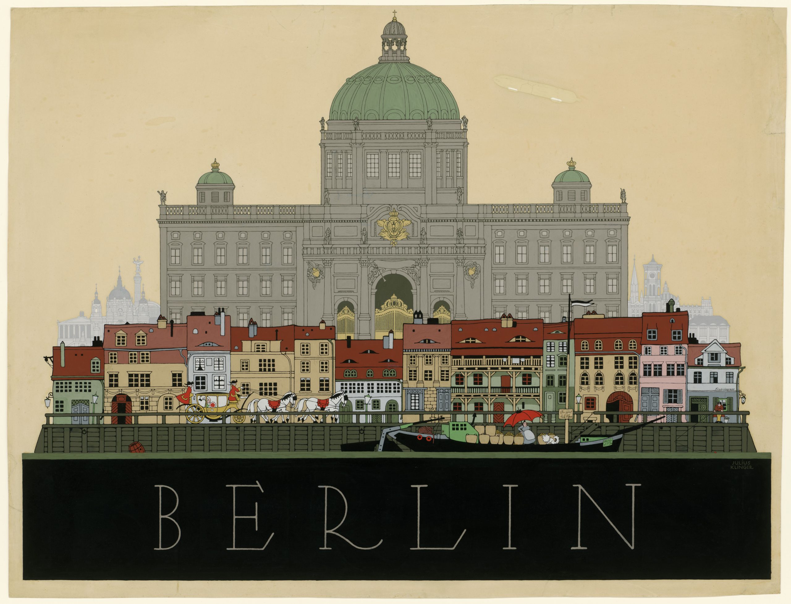 Illustrated poster of Berlin featuring a grand building with a dome and a series of colorful houses in the foreground, labeled "Berlin" at the bottom.
