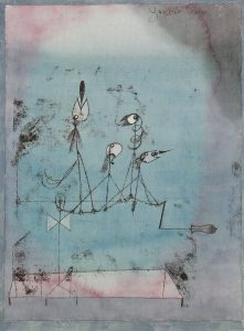 Abstract painting titled "Twittering Machine" by Paul Klee. The image features four stylized, bird-like figures standing on a jagged, wire-like structure.