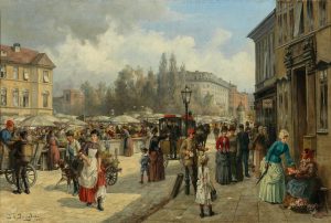 A bustling 19th-century market scene with people engaging in various activities. Vendors sell goods from stalls and carts, while townsfolk, dressed in period attire, walk and interact.