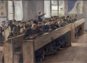 A classroom scene with rows of students seated at long wooden desks, focused on their work. A teacher stands at the front, pointing to a lesson on the board. Large windows allow natural light to fill the room. The painting has a vintage, historical ambiance.