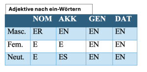 chart that shows adjective endings after ein-words