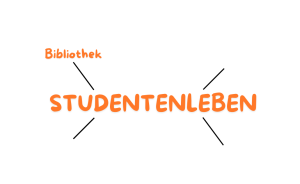 image of word studentenleben with dashes in the corners indicating a mind map, upper left corner says bibliothek