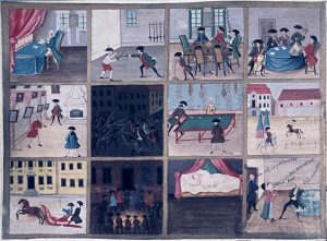A twelve-panel illustration depicting various scenes from the French Revolution, including people in heated meetings, soldiers marching, individuals engaging in activities like fencing and dining, and a few dramatic events such as a guillotine execution and public unrest.