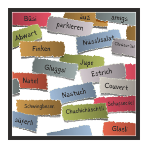 image that shows several words in Swiss dialect in colorful paper pieces