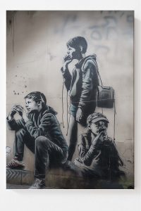 solokuenstler.com Street art depicts three children in grayscale. One boy is sitting on a step, while another stands nearby, both holding mobile phones. A girl sits on the ground, also using a phone, all wearing casual attire.