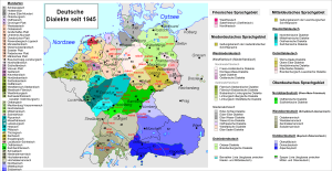 Map showing German dialects since 1945 across regions. Areas are shaded in various colors to represent different dialects, with a detailed legend on the left listing the specific dialect names corresponding to each color.