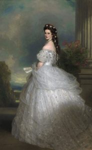 A 19th-century painting of a woman in an elegant white gown with intricate lace details, holding a fan
