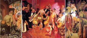 Three vibrant paintings depict lively social scenes filled with people in colorful 1920s attire, dancing, playing instruments, and interacting in energetic urban settings.